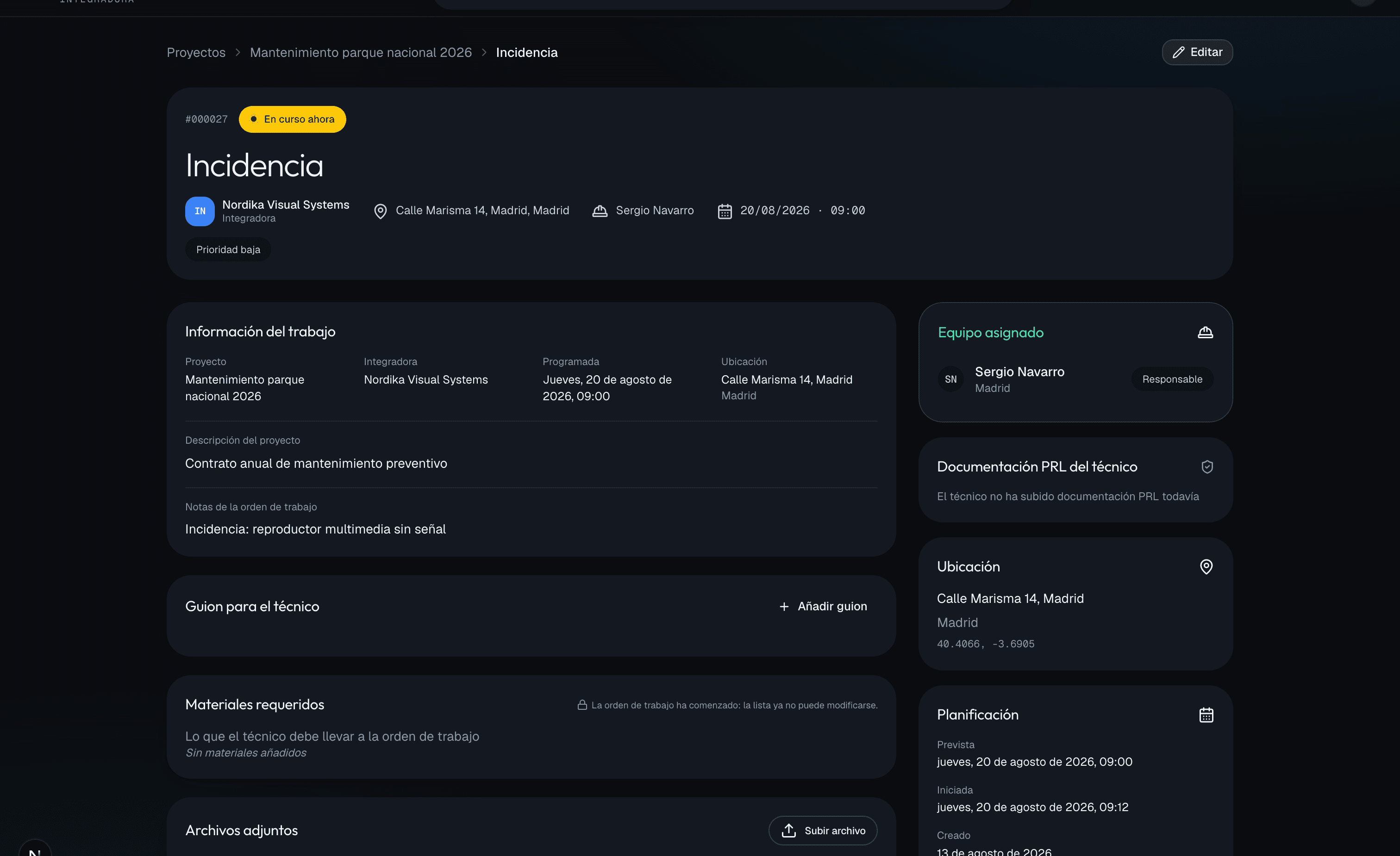 Detalle de una orden de trabajo con equipo asignado, agenda, material y adjuntos